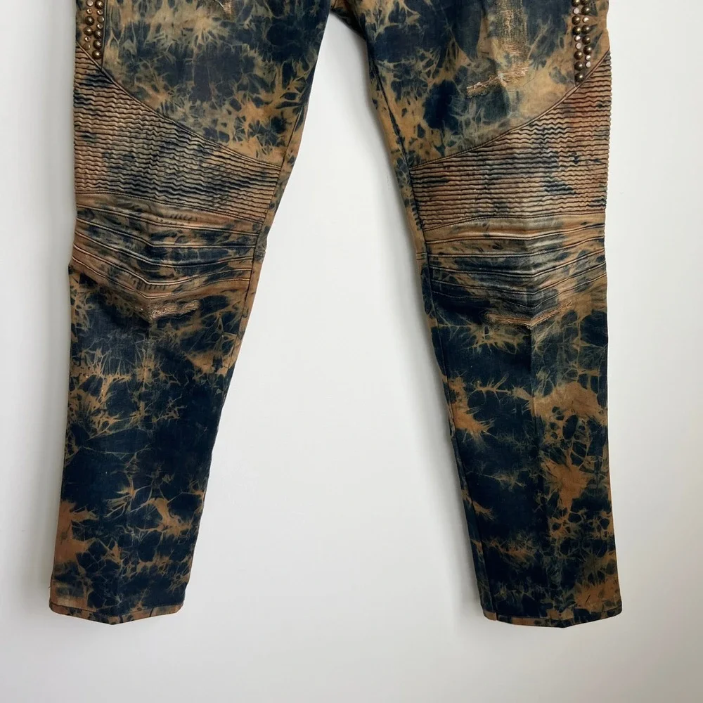 Robin's Jean Black Brown Splatter Acid Wash Long Flap Pocket Studded Moto‎ Jeans